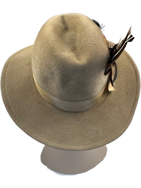 Betmar Unisex Wool Felt Fedora Hat Tan Wide Brim Feather S